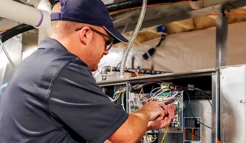 Image of an Elkhorn technician repairing a furnace