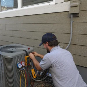 Elkhorn Heating Air Conditioning Plumbing and Electrical technician diagnosing a residential outdoor heat pump unit with digital manifold gauges and a multimeter at a Denver Colorado home