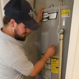Elkhorn Heating Air Conditioning Plumbing and Electrical technician with a tool belt installing a new residential A.O. Smith tank water heater while a homeowner's child watches at a Denver Colorado home, EnergyGuide sticker attached to the unit