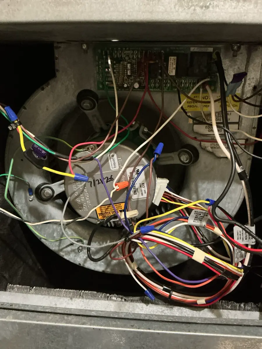 Installed Evergreen replacement blower motor inside a Highlands Ranch HVAC system.