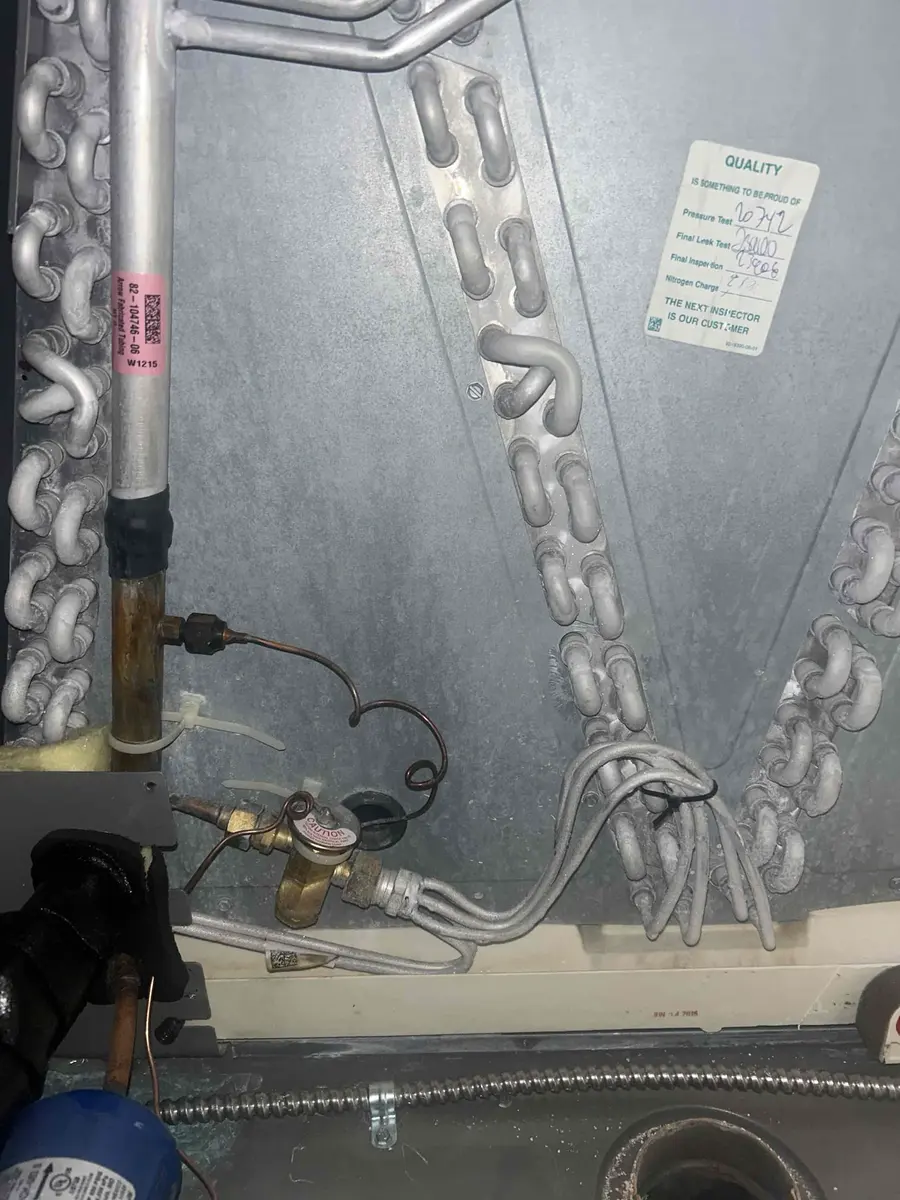 TXV and evaporator coil inside a Highlands Ranch HVAC system after valve replacement.